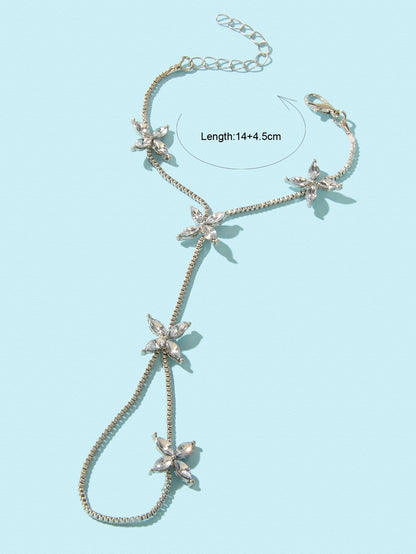 Diamond-Encrusted Chain Ring Connected Hand  Wrist Bracelet